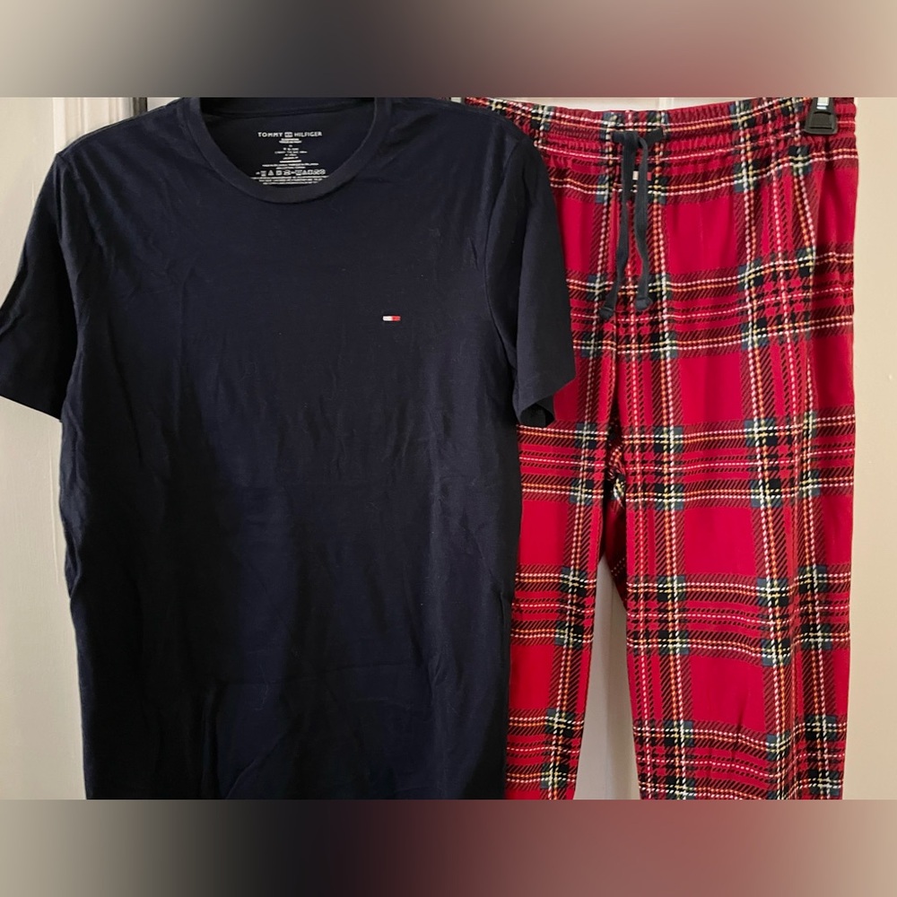 Men’s TOMMY HILFIGER Pajama Lounge Set Navy Blue Red Christmas Plaid Sz MED